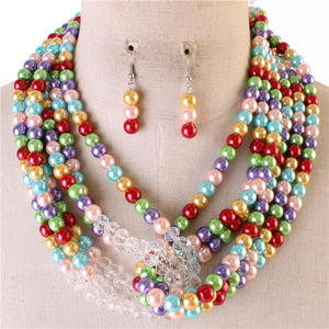 Multi strand Multi Color Glass Pearl Necklace set